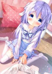 Rule 34 | 1girl, blue eyes, blue hair, blue skirt, blurry, blurry background, blush, chinomaron, closed mouth, clothes grab, depth of field, frilled sailor collar, frilled skirt, frills, gochuumon wa usagi desu ka?, hair between eyes, hair ornament, highres, indoors, kafuu chino, layered skirt, long hair, long sleeves, looking at viewer, no shoes, pillow, sailor collar, shirt, sitting, skirt, sleeve grab, sleeves past wrists, solo focus, suspender skirt, suspenders, thighhighs, very long hair, wariza, white sailor collar, white shirt, white thighhighs, wooden floor, x hair ornament