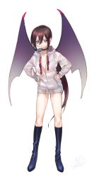 Rule 34 | 00s, 1girl, androgynous, bad id, bad pixiv id, bat wings, boots, bottomless, breasts, brown hair, choker, earrings, frown, full body, hair between eyes, hand on own hip, hands on own hips, highres, hood, hoodie, jewelry, lady bat, long hair, mermaid melody pichi pichi pitch, no bra, ohisashiburi, parted lips, piercing, ponytail, purple eyes, simple background, slit pupils, small breasts, solo, standing, v-shaped eyebrows, very long hair, white background, wings