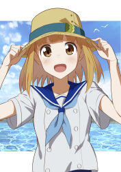 Rule 34 | 1girl, :o, absurdres, adjusting clothes, adjusting headwear, blue neckerchief, blue sky, blush, brown eyes, day, hat, highres, houkago teibou nisshi, light brown hair, looking at viewer, mame (pixiv82333841), medium hair, neckerchief, open mouth, outdoors, school uniform, shirt, short hair, short sleeves, sky, solo, tsurugi hina, upper body, water, white shirt