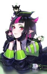 Rule 34 | 1boy, black gloves, black hair, deretta, fangs, garrison cap, gloves, half gloves, hat, highres, lilia vanrouge, looking at viewer, male focus, malleus draconia, multicolored hair, necktie, off shoulder, oversized clothes, pink hair, pointy ears, red eyes, reflection, school uniform, sebek zigvolt, shirt, short hair, silver (twisted wonderland), simple background, smile, streaked hair, stuffed toy, twisted wonderland, two-tone hair