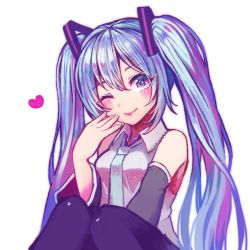 Rule 34 | 1girl, ;), bad id, bad pixiv id, black legwear, black sleeves, blue hair, blue nails, blue necktie, blush, closed mouth, collared shirt, detached sleeves, hair ornament, hatsune miku, heart, highres, konya (chocolate palette), long hair, long sleeves, looking at viewer, nail polish, necktie, one eye closed, red eyes, red lips, shirt, simple background, sitting, sleeveless, sleeveless shirt, smile, solo, twintails, very long hair, vocaloid, white background, white shirt, wing collar