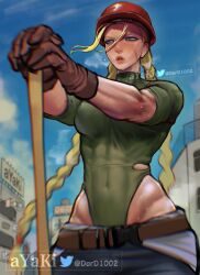Rule 34 | 1girl, artist name, ayaki blade, blonde hair, blue eyes, braid, breasts, brown gloves, cammy white, covered navel, curvy, english text, gloves, highleg, highleg leotard, highres, leotard, long hair, looking away, medium breasts, open mouth, scar, scar on face, street fighter, sweat, torn clothes, twin braids, twitter username, wide hips