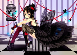 Rule 34 | 00s, 1girl, akiyama mio, bad id, bad pixiv id, black eyes, black hair, blunt bangs, breasts, bug, butterfly, cage, cane, dress, flower, gloves, hat, hime cut, insect, k-on!, lace, long hair, mini hat, mini top hat, sideboob, sitting, skirt, solo, striped, thighhighs, top hat, ushi (newrein), wings