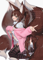 Rule 34 | 1girl, animal ear fluff, animal ears, ass, black thighhighs, blurry, blurry background, blush, breasts, brown hair, brown thighhighs, cardigan, collared shirt, commission, dressing, fang, fingernails, fox ears, fox girl, fox tail, from side, green eyes, half-closed eyes, highres, kitsune, kneeling, large breasts, large tail, long fingernails, long hair, long sleeves, looking at viewer, looking to the side, mayuri kaichou, multiple tails, necktie, open cardigan, open clothes, open mouth, open shirt, original, pink cardigan, plushmallow, red necktie, shirt, signature, simple background, sleeves past wrists, smile, solo, striped clothes, striped thighhighs, tail, tail raised, teeth, thank you, thighhighs, very long hair, watermark, wet, wet clothes, wet shirt, white background, white shirt