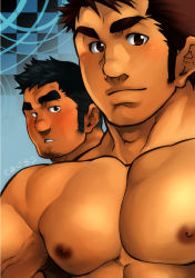 Rule 34 | 2boys, abs, bara, black eyes, blush, brown eyes, brown hair, facial hair, large pectorals, looking at another, male focus, manly, multiple boys, muscular, nipples, original, pectorals, topless male, short hair, sideburns, stubble, terujirou (masateruteru), thick eyebrows
