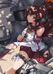 Rule 34 | 10s, 1girl, bare shoulders, breasts, brown eyes, brown hair, cherry blossoms, dappled sunlight, detached sleeves, headgear, kantai collection, long hair, looking up, machinery, petals, ponytail, single thighhigh, sitting, skirt, smile, solo, sunlight, thigh strap, thighhighs, tsuuhan, turret, very long hair, yamato (kancolle)