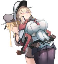 Rule 34 | 2girls, bismarck (kancolle), black pantyhose, black skirt, blonde hair, blush, breasts, brown gloves, capelet, closed mouth, gloves, graf zeppelin (kancolle), grey headwear, hat, highres, kantai collection, large breasts, long hair, long sleeves, military, military uniform, multiple girls, one eye closed, pantyhose, peaked cap, pleated skirt, purple eyes, sidelocks, simple background, simplecar, skirt, twintails, uniform, white background, white headwear