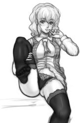 Rule 34 | 1girl, ascot, breasts, female focus, finger to mouth, greyscale, highres, impossible clothes, impossible shirt, kazami yuuka, kuro suto sukii, lace, lace-trimmed panties, lace trim, large breasts, leg hold, leg up, monochrome, no pants, panties, plaid, plaid vest, shirt, simple background, sitting, solo, thighhighs, touhou, underwear, vest, white background