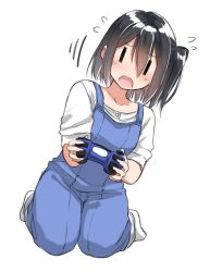 Rule 34 | 1girl, bad id, bad twitter id, black hair, blush, commentary request, controller, d:, dutch angle, flying sweatdrops, game controller, hair between eyes, holding, kneeling, one side up, open mouth, original, overalls, playing games, shirt, simple background, solo, suzunari shizuku, white background, white shirt, yuki arare, | |, || ||