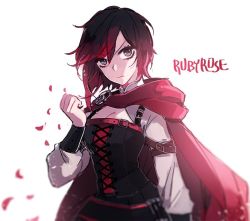 Rule 34 | 1girl, bad id, bad twitter id, breasts, cape, character name, cleavage, corset, ecru, english text, petals, red hair, ruby rose, rwby, grey eyes