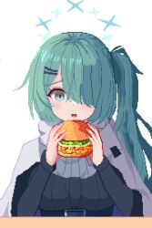 Rule 34 | 1girl, blue archive, blue hair, blue halo, burger, commentary, drooling, english commentary, food, grey eyes, hair ornament, hair over one eye, hairclip, halo, highres, hiyori (blue archive), holding, holding burger, holding food, long hair, long sleeves, open mouth, pixel art, saliva, scarf, side ponytail, simple background, solo, star halo, tinia etru, white background, white scarf