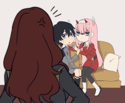 Rule 34 | 10s, 1boy, 2girls, black hair, black pantyhose, blue eyes, boots, brown hair, commentary, couch, couple, darling in the franxx, green eyes, hair ornament, hairband, hand on another&#039;s shoulder, hetero, highres, hiro (darling in the franxx), horns, k 016002, long hair, long sleeves, looking at another, military, military uniform, multiple girls, mushroom, nana (darling in the franxx), necktie, oni horns, orange neckwear, pantyhose, pillow, pink hair, poorly drawn, red horns, red neckwear, short hair, sitting, socks, sweatdrop, uniform, white footwear, white hairband, zero two (darling in the franxx)