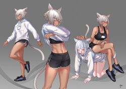Rule 34 | 2girls, absurdres, all fours, alternate costume, animal ears, annoyed, arms at sides, arms up, artist name, bare legs, blood, blush, braid, breasts, cat ears, cat girl, cat tail, clothes lift, collarbone, crossed legs, dark-skinned female, dark skin, drawstring, final fantasy, final fantasy xiv, glasses, grey hair, highres, hjz (artemi), hood, hood down, hoodie, hoodie lift, legs apart, lifting own clothes, linea alba, lips, long hair, long sleeves, looking at another, medium breasts, miqo&#039;te, multiple girls, multiple views, navel, neck tattoo, nosebleed, pale skin, parted lips, shoes, short hair, shorts, sitting, sitting on person, small breasts, smile, sports bra, sportswear, standing, stomach, sweat, tail, tattoo, twin braids, undressing, v-shaped eyebrows, walking, warrior of light (ff14), y&#039;shtola rhul, yuri