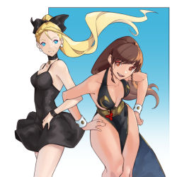 Rule 34 | 2girls, alternate hairstyle, antenna hair, backless dress, backless outfit, benalki, black bow, black choker, black dress, blonde hair, blue background, blue eyes, border, bow, braid, breasts, breasts apart, brown hair, cammy white, capcom, casual, china dress, chinese clothes, choker, chun-li, cowboy shot, dress, earrings, eyeshadow, facial scar, hair bow, hair down, hands on own hips, highres, jewelry, leaning forward, locked arms, long dress, looking at viewer, makeup, medium breasts, multiple girls, no bra, official alternate costume, outside border, pelvic curtain, plunging neckline, ponytail, scar, scar on cheek, scar on face, short dress, side braids, side slit, smile, street fighter, street fighter v, studded bracelet, tan, teeth, thick thighs, thighs, upper teeth only, white border, wristband