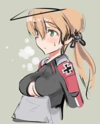 Rule 34 | 10s, 1girl, adapted costume, anchor hair ornament, black ribbon, blonde hair, blush, breasts, commentary request, cross, green background, green eyes, hair ornament, hat, iron cross, kantai collection, long hair, lowres, military, military uniform, no bra, official art, peaked cap, prinz eugen (kancolle), ribbon, shimada fumikane, simple background, solo, sweatdrop, twintails, underboob, uniform