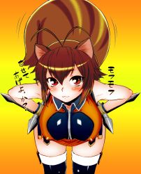 Rule 34 | 1girl, :3, animal ears, antenna hair, arc system works, bare shoulders, bent over, blazblue, blazblue: continuum shift, blush, blush stickers, boots, breasts, brown eyes, brown hair, colorized, dr.p, covered erect nipples, large breasts, makoto nanaya, multicolored hair, short hair, smile, solo, squirrel ears, squirrel tail, streaked hair, tail, tail wagging, thigh boots, thighhighs, tonfa, weapon