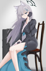 Rule 34 | animal ears, black dress, blue archive, chair, dress, grey background, halo, highres, image sample, shiroko terror (blue archive), sitting, twitter sample