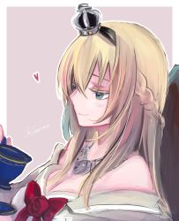 Rule 34 | 1girl, black hairband, blonde hair, blue eyes, border, braid, commentary request, crown, cup, dress, flower, french braid, grey background, hairband, highres, kantai collection, long hair, long sleeves, mini crown, off-shoulder dress, off shoulder, red flower, red ribbon, red rose, ribbon, rose, saucer, solo, teacup, tobari (seaetana), two-tone background, upper body, warspite (kancolle), white border, white dress