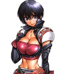 Rule 34 | 1girl, amania orz, belt, black hair, breasts, choker, cleavage, closed mouth, gloves, looking at viewer, midriff, namco, navel, purple eyes, rutee katrea, short hair, simple background, smile, solo, tales of (series), tales of destiny, very short hair, white background