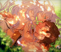 Rule 34 | 1boy, 1girl, artemis (fate), bare pectorals, blurry, breasts, brown hair, couple, dappled sunlight, day, depth of field, fate/grand order, fate (series), girl on top, highres, large breasts, long hair, lying, on back, on grass, super orion (fate), outdoors, pectorals, smile, sunlight, thick eyebrows, white hair