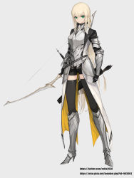 Rule 34 | 1girl, armor, armored boots, arms at sides, arrow (projectile), blonde hair, boots, bow (weapon), breastplate, commentary, elf, expressionless, fantasy, faulds, full body, green eyes, grey background, high heel boots, high heels, highres, long hair, looking at viewer, original, pointy ears, quiver, rikui (rella2930), sabaton, sheath, sheathed, shorts, solo, sword, thighhighs, thighhighs under boots, vambraces, waist cape, weapon