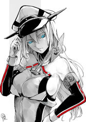 Rule 34 | 10s, 1girl, adjusting clothes, adjusting headwear, anchor, anchor choker, artist name, bare shoulders, bismarck (kancolle), bismarck drei (kancolle), blue eyes, breasts, elbow gloves, gloves, hair between eyes, hat, highres, iapoc, kantai collection, long hair, looking at viewer, military, military hat, military uniform, naval uniform, open mouth, peaked cap, sideboob, solo, uniform, upper body