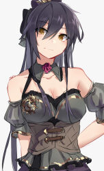 Rule 34 | 1girl, absurdres, arms behind back, bare shoulders, black collar, black hair, blush, breasts, brown corset, cleavage, closed mouth, collar, collarbone, corset, dated, detached collar, detached sleeves, dot nose, grey shirt, grey sleeves, hair between eyes, highres, idolmaster, idolmaster shiny colors, large breasts, long hair, looking at viewer, shirase sakuya, shirt, simple background, smile, solo, upper body, white background, yellow eyes, zutaboro