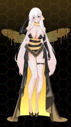 Rule 34 | 1girl, absurdres, alternate costume, arthropod girl, azur lane, bare shoulders, bee, bee girl, belfast (azur lane), black footwear, black gloves, braid, breasts, bug, center opening, cleavage, elbow gloves, flying, gloves, hair between eyes, hand in own hair, highres, honeycomb (pattern), insect, insect girl, large breasts, long hair, looking at viewer, marumai, purple eyes, shoes, showgirl skirt, side braid, skindentation, solo, standing, thigh strap, tutu, very long hair, white hair