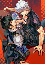 Rule 34 | 2boys, arm support, between fingers, black footwear, black hair, black jacket, black pants, black shirt, black vest, blue eyes, cigarette, commentary, eyes visible through hair, fingernails, gintama, hand up, high collar, highres, hijikata toushirou, holding, holding cigarette, instagram username, jacket, long sleeves, looking at viewer, male focus, multiple boys, pants, parted lips, pectoral cleavage, pectorals, polka dot, polka dot background, red background, red eyes, sakata gintoki, shirt, shoes, short hair, short sleeves, sitting, smoking, vest, weibo watermark, white hair, white shirt, zzyzzyy