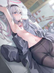Rule 34 | 1girl, arm up, armpits, ball, black choker, black hairband, black pantyhose, blue archive, blue pupils, blush, braid, breasts, cameltoe, choker, closed mouth, coat, crotch seam, dutch angle, grey coat, grey hair, gym storeroom, hair between eyes, hair ribbon, hairband, halo, hashtag only commentary, highres, huwari (dnwls3010), long hair, long sleeves, looking at viewer, lying, medium breasts, mismatched pupils, multicolored hair, navel, on back, panties, panties under pantyhose, pantyhose, pink hair, pink halo, pink panties, plana (blue archive), purple eyes, red pupils, revision, ribbon, side braid, single braid, solo, thighband pantyhose, traffic cone, two-tone hair, underwear, volleyball (object), white ribbon
