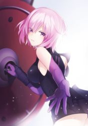 Rule 34 | 1girl, armor, armored dress, black dress, blush, closed mouth, cowboy shot, dress, elbow gloves, fate/grand order, fate (series), fou (fate), gloves, hair over one eye, juugonichi (wheeliex2), light purple hair, looking at viewer, mash kyrielight, purple eyes, purple gloves, shield, short hair, smile, solo