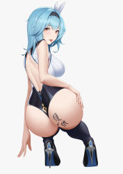 Rule 34 | 1girl, absurdres, aqua hair, artist request, ass, bare shoulders, blue hair, blush, body writing, boots, breasts, drooling, eula (genshin impact), flower, from behind, genshin impact, hair flower, hair ornament, hairband, heart, heart-shaped pupils, high heel boots, high heels, highres, huge ass, large breasts, leotard, looking at viewer, looking back, medium hair, saliva, shiny skin, sideboob, simple background, solo, squatting, symbol-shaped pupils, thigh boots, thighhighs, tongue, tongue out, white background, writing on ass, yellow eyes