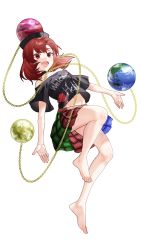 Rule 34 | 1girl, black shirt, chain, clothes writing, earth (ornament), gold chain, hecatia lapislazuli, highres, mo (mokatampe), moon (ornament), multicolored clothes, multicolored skirt, off-shoulder shirt, off shoulder, plaid, plaid skirt, red eyes, red hair, shirt, simple background, skirt, solo, t-shirt, touhou, white background