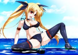 Rule 34 | 1girl, black thighhighs, blonde hair, blush, breasts, cameltoe, covered erect nipples, fate testarossa, groin, hair ornament, hair ribbon, highres, large breasts, lyrical nanoha, mahou shoujo lyrical nanoha strikers, navel, red eyes, ribbon, sky, smile, solo, spread legs, tappa (esperanza), thighhighs, tongue, twintails, water