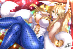 Rule 34 | 1girl, absurdres, ahoge, animal ears, artoria pendragon (all), artoria pendragon (fate), artoria pendragon (swimsuit ruler) (fate), bare shoulders, blonde hair, blue neckwear, blue pantyhose, blush, braid, breasts, cleavage, closed mouth, clothing cutout, crossed legs, detached collar, fake animal ears, fate/grand order, fate (series), feather boa, fishnet pantyhose, fishnets, french braid, green eyes, hair between eyes, highleg, highleg leotard, highres, large breasts, leotard, long hair, looking at viewer, navel, navel cutout, nez-box, pantyhose, playboy bunny, ponytail, rabbit ears, sidelocks, sitting, swept bangs, thighs, tiara, white leotard, wrist cuffs