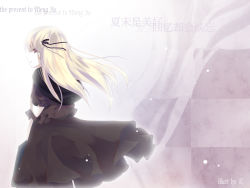 Rule 34 | 1girl, bad id, bad pixiv id, blonde hair, chinese text, english text, female focus, floating hair, from behind, gradient background, original, profile, raicy, solo, white background