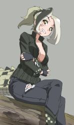Rule 34 | 1girl, black gloves, black pants, boots, breasts, collarbone, collared jacket, crocodilian tail, crossed arms, crossed legs, dutch angle, eyeshadow, fingerless gloves, gloves, green eyes, green hair, green jacket, grey background, grey hair, grin, high collar, high ponytail, highres, jacket, kemono friends, long hair, long sleeves, looking at viewer, makeup, medium breasts, multicolored hair, no bra, pants, partially unzipped, ponytail, saltwater crocodile (kemono friends), simple background, sitting, slit pupils, smile, solo, spiked jacket, spikes, tail, tanabe (fueisei), torn clothes, torn pants, zipper, zipper pull tab