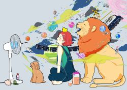 Rule 34 | 1girl, animal, aqua shirt, astronaut, barefoot, bird, blush, closed eyes, cloud, cup, dog, drink, grey background, hair ornament, hairclip, hand fan, highres, lion, open mouth, original, overalls, pitcher (container), planet, planetary ring, profile, shirt, short hair, sleeveless, sleeveless shirt, solo, yoshimon