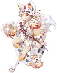 Rule 34 | 1boy, abura-age (food fantasy), animal ear fluff, animal ears, food fantasy, fox, fox boy, fox ears, fox mask, fox tail, full body, hand on own chin, highres, looking at viewer, mask, mask on head, official art, okobo, pale skin, sandals, second-party source, socks, solo, tail, tang san jiao, tattoo, transparent background, white hair, yellow eyes
