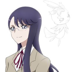 Rule 34 | 10s, 1girl, blue eyes, cologne (heartcatch precure!), glasses, hair ornament, hairclip, heartcatch precure!, long hair, looking at viewer, mascot, precure, purple hair, ribbon, school uniform, simple background, smile, solo, tsukikage oyama, tsukikage yuri, white background