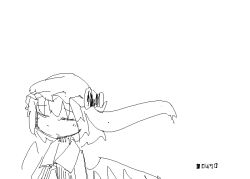 Rule 34 | 1girl, animated, animated gif, ascot, bad id, bad tumblr id, bow, character age, closed eyes, closed mouth, facing viewer, flandre scarlet, floating hair, greyscale, hat, hat bow, jaggy lines, long hair, mob cap, monochrome, negative space, oekaki, sketch, solo, touhou, tsukumizu yuu, u u, upper body, white background, wind, wing collar, wings