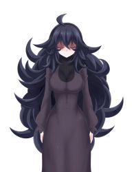 Rule 34 | 1girl, @ @, ahoge, alternate breast size, animated, arms behind back, black hair, blush, breasts, creatures (company), dress, game freak, hairband, happy, hex maniac (pokemon), huge filesize, large breasts, long hair, long sleeves, looking at viewer, messy hair, mgx0, nintendo, open mouth, pokemon, pokemon xy, purple dress, purple eyes, simple background, smile, solo, standing, turtleneck, very long hair, white background