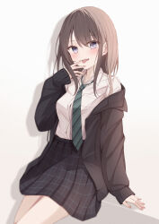 Rule 34 | 1girl, absurdres, black cardigan, black skirt, blue eyes, blush, brown hair, cardigan, collared shirt, commentary request, diagonal-striped clothes, diagonal-striped necktie, green necktie, highres, long hair, long sleeves, looking at viewer, necktie, open cardigan, open clothes, open mouth, original, plaid, plaid skirt, pocket, school uniform, senri (senri sen), shirt, skirt, smile, solo, striped clothes, teeth, tongue, tongue out, uniform, upper teeth only, white shirt, winter uniform