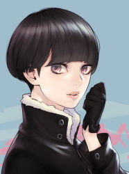 Rule 34 | androgynous, black eyes, black gloves, black hair, blue background, blunt bangs, buttons, eyelashes, fur trim, gender request, gloves, high collar, lips, long sleeves, looking at viewer, original, parted lips, portrait, shiohara shin&#039;ichi, short hair, sideburns, solo, zipper