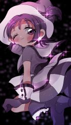 Rule 34 | 1girl, black background, blush, capelet, closed mouth, commentary request, dress, earrings, gloves, hand up, hat, highres, jewelry, looking at viewer, looking back, magical girl, ojamajo doremi, okuzawa myuu, one eye closed, one side up, purple dress, purple eyes, purple footwear, purple gloves, purple hair, purple hat, segawa onpu, short hair, short sleeves, smile, solo, sparkle, witch hat