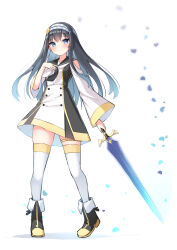 Rule 34 | 1girl, black footwear, black hair, black sailor collar, blue eyes, blush, boots, breasts, closed mouth, clothing cutout, commentary request, dress, fold-over boots, hand up, highres, holding, holding sword, holding weapon, long hair, long sleeves, mahoutsukai rose no sado life, ominaeshi (takenoko), rose (mahoutsukai rose no sado life), sailor collar, sailor dress, shadow, shoulder cutout, simple background, skindentation, small breasts, smile, solo, sword, thighhighs, thighhighs under boots, very long hair, weapon, white background, white dress, white thighhighs, wide sleeves