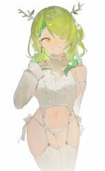 Rule 34 | 1girl, antlers, aran legwear, arm behind back, bare shoulders, braid, braided bangs, breasts, cable knit, ceres fauna, detached sleeves, flower, garter straps, green hair, green nails, grin, hair flower, hair ornament, highres, hololive, hololive english, horns, large breasts, long hair, meme attire, mole, mole under eye, navel, one eye closed, panties, ranqi070, ribbed legwear, ribbed panties, ribbed sleeves, ribbed sweater, ribbed thighhighs, side-tie panties, sleeveless, sleeveless sweater, smile, solo, sweater, turtleneck, turtleneck sweater, underwear, virgin destroyer sweater, virtual youtuber, white garter straps, white panties, white sweater, yellow eyes