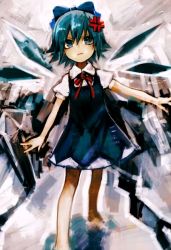 Rule 34 | 1girl, anger vein, angry, barefoot, blue dress, blue eyes, blue hair, bow, cirno, dress, fairy, hair bow, hair ornament, ice, ice wings, loalo, matching hair/eyes, puffy sleeves, short hair, short sleeves, solo, touhou, vest, wings