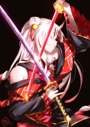 Rule 34 | 1girl, absurdres, bell, black background, black kimono, breasts, commentary, dual wielding, eyes visible through hair, floral print, flower, flower knot, from side, glint, gradient hair, hair bell, hair bun, hair ornament, highres, holding, holding sword, holding weapon, hololive, horns, japanese clothes, katana, kimono, kouhaku nawa, light smile, long hair, multicolored hair, nakiri ayame, nakiri ayame (1st costume), off shoulder, parted lips, profile, red eyes, red hair, red shirt, rope, scabbard, sheath, shimenawa, shirt, silver hair, simple background, single hair bun, skin-covered horns, small breasts, solo, spider lily, spider lily print, streaked hair, sword, tassel, two-tone hair, unsheathing, upper body, virtual youtuber, weapon, yorishiro tsuki