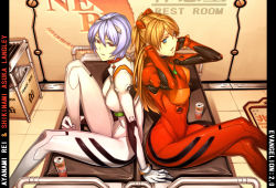 Rule 34 | 00s, 23 (real xxiii), 2girls, adjusting hair, alternate breast size, arm support, ayanami rei, back-to-back, bench, blue eyes, blue hair, bodysuit, box, breasts, can, character name, coffee, colored eyelashes, copyright name, crossed legs, drink, english text, evangelion: 2.0 you can (not) advance, from side, gloves, hair between eyes, hair ornament, highres, indoors, knee up, logo, long hair, looking at viewer, looking back, multiple girls, neon genesis evangelion, nerv, orange hair, parted bangs, parted lips, pillarboxed, plugsuit, rebuild of evangelion, red eyes, short hair, sitting, souryuu asuka langley, tile floor, tiles, trash can, two side up, ucc coffee